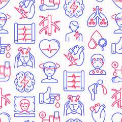 Heart attack symptoms seamless pattern with thin line icons: dizziness, dyspnea, cardiogram, panic attack, weakness, acute pain, cholesterol level, nausea, diabetes. Modern vector illustration.