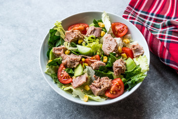 Tuna Fish Salad with Lettuce, Cherry Tomatoes, Cucumber and Corn.
