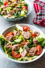 Tuna Fish Salad with Lettuce, Cherry Tomatoes, Cucumber and Corn.