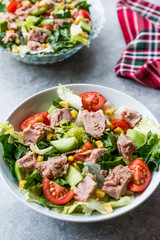 Tuna Fish Salad with Lettuce, Cherry Tomatoes, Cucumber and Corn.