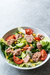 Tuna Fish Salad with Lettuce, Cherry Tomatoes, Cucumber and Corn.