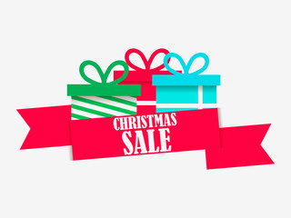 Christmas sale banner with gift box on white background. Special offer. Poster for advertisements, festive design. Vector illustration