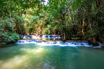 Beautiful of Huai Mae Khamin waterfall at Kanchanaburi, Thailand with tree forest background. Waterfall Floor 2 "Mankamin"