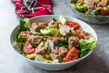 Tuna Fish Salad with Lettuce, Cherry Tomatoes, Cucumber and Corn.
