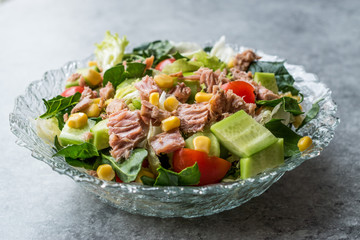 Fototapeta na wymiar Tuna Fish Salad with Lettuce, Cherry Tomatoes, Cucumber and Corn.