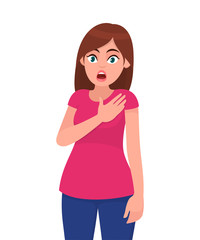Young attractive shocked woman holds hand on chest. Sick woman with heart attack, pain, health problem holding touching her chest with hands. Human emotion concept illustration in vector cartoon flat.