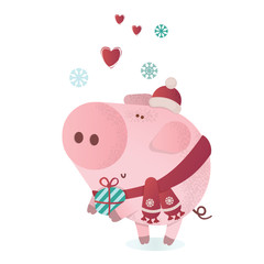 Cute piggy character in a winter scarf with a present.