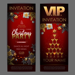 Christmas poster with golden champagne glasses. Invitation design. Pyramid of champagne glasses