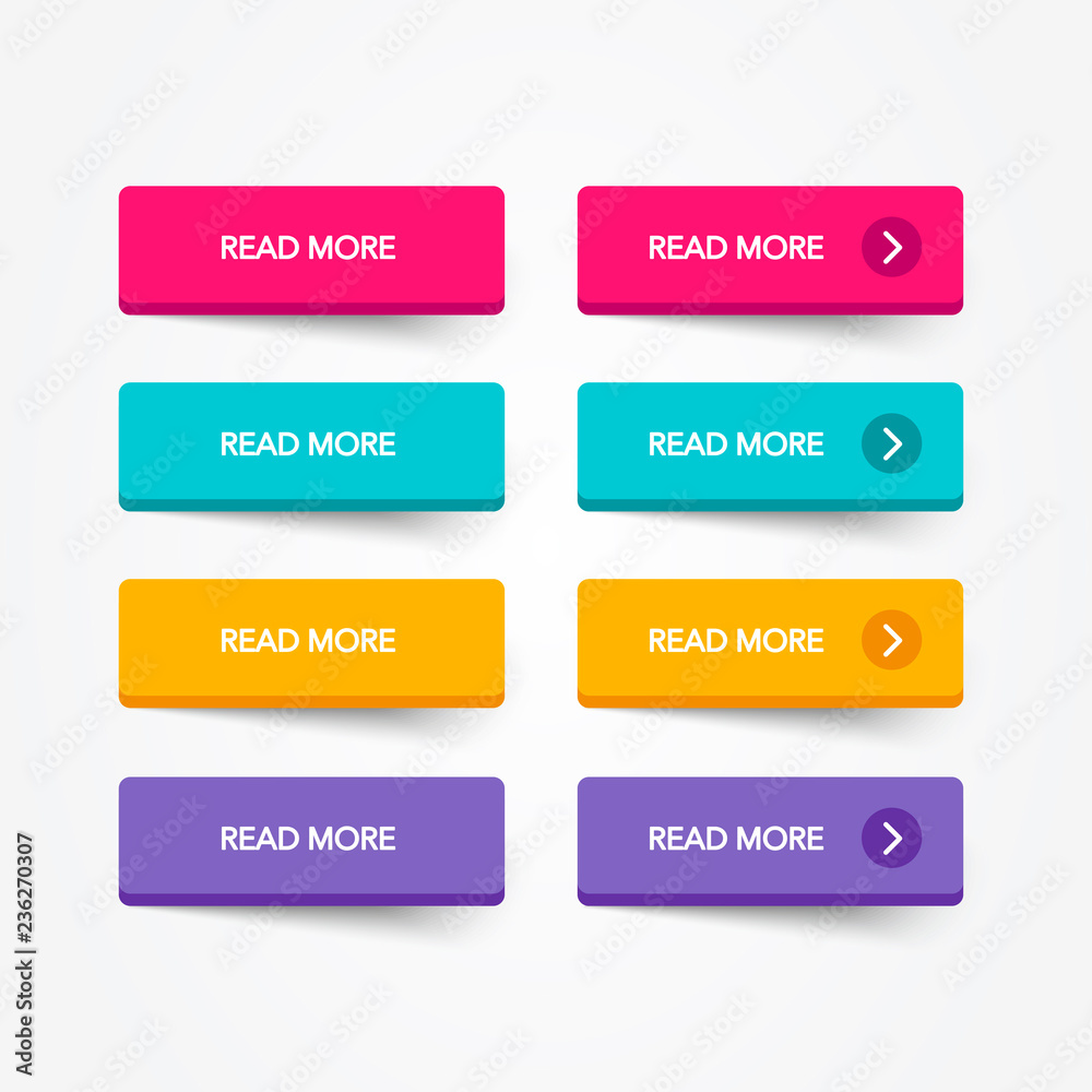 Poster Read More colorful 3d button set on white background. Flat line button collection. Vector web element
