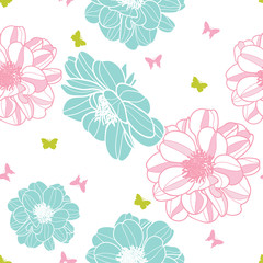 Obraz premium Vector pink & skyblue flowers with flying butterflies seamless repeat pattern. great for retro fabric, wallpaper, scrapbooking projects. Surface pattern design.
