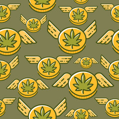 Cannabis coin with wings seamless vector pattern