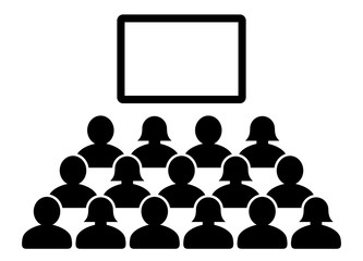 Auditorium with blank blackboard and a crowd of people – women and men / black vector icon