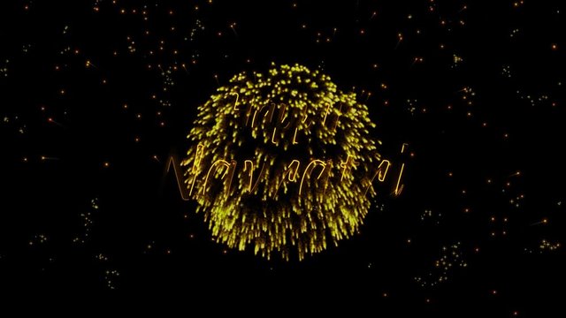 Happy Navratri Greeting text with particles, colored fireworks, sparks and stars with beautiful glitter effect on background.