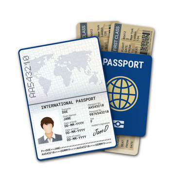International passport and airline boarding pass ticket. Female passport template with biometric data identification and sample of photo, signature and other personal data. Vector illustration