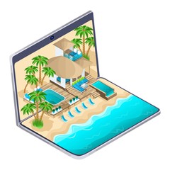 Isometric advertisement of the resort on the maldives on a laptop, a bright advertising travel concept, on-line selection and payment of a luxurious hotel, warm countries