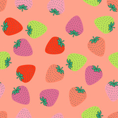 Seamless pattern with juicy strawberries on black background. Cute vector background. Bright summer fruits illustration. Fruit mix design for fabric and decor.Funny wallpaper for textile and fabric.