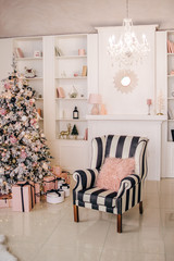 Christmas interior in pastel pink, white and black colors. 