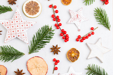 Christmas composition. Gifts, cones decorations on white background. Christmas, winter, new year concept. Flat lay, top view, copy space.  Flat lay. Top view.
