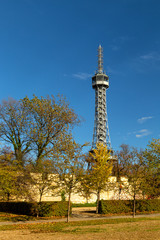 Obraz premium Petrin Lookout Tower, Petrinska rozhledna, a steel-framework tower in Prague, popular viewpoint and platform