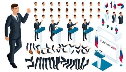 Create your isometric character. 3d man, Presidential Candidate debates, elections, voting. A large set of emotions, gestures for the president