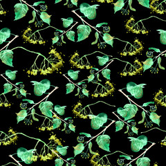 Seamless vintage pattern - branch of a linden, watercolor.splash of abstract paint,fashionable art background, shawl. Linden tree, linden flowers, leaves. Abstract art illustration scenicbac kground