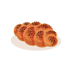 Fresh braided loaf bread with poppy seeds, bakery pastry product vector Illustration on a white background