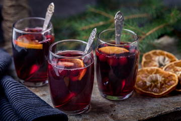 Mulled wine with spices, oranges and cranberries