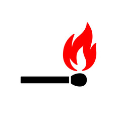 Black isolated icon of matchstick with red fire on white background. Silhouette of match stick with red flame. Flat design.