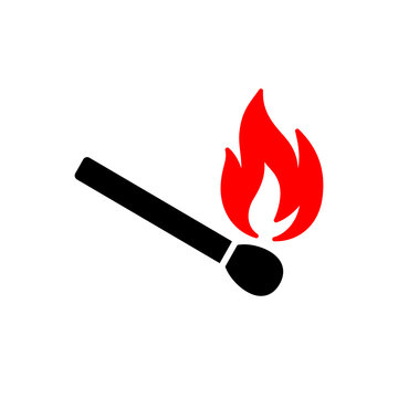 Black isolated icon of matchstick with red fire on white background. Silhouette of match stick with red flame. Flat design.