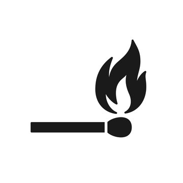 Black isolated icon of matchstick with fire on white background. Silhouette of match stick with flame. Flat design.