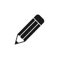 Black isolated icon of pencil on white background. Silhouette of pencil. Flat design.