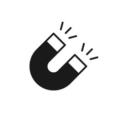 Black isolated icon of magnet on white background. Silhouette of magnet. Flat design. Symbol of gravity, attraction.