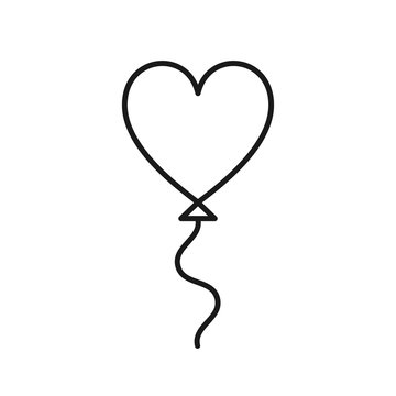 Black isolated outline icon of heart shape balloon on white background. Line Icon of heart shape balloon.