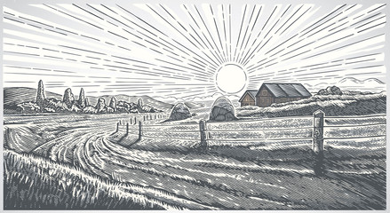 Paysage rural avec village en style gravure. Illustration vectorielle.
