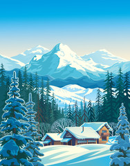 Paysage de montagne d& 39 hiver avec des sapins au premier plan avec des maisons semblables à des refuges pour touristes. Illustration vectorielle.