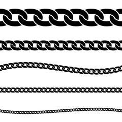 Set of black isolated silhouette of chains on white background. Seamless pattern of chain. Decorative border.