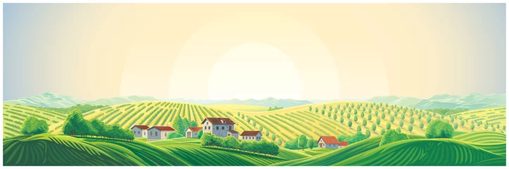 Poster Landelijk panoramisch landschap met een dorp en heuvels met tuinen en fruitbomen © Rustic