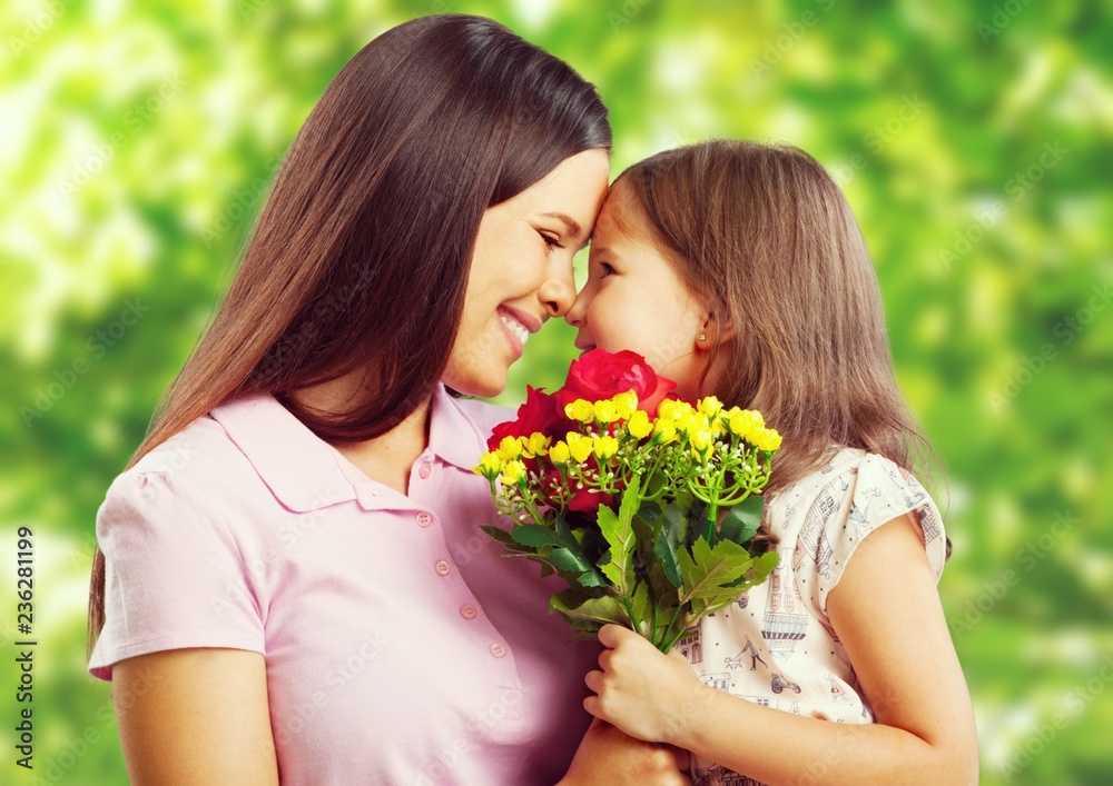 Sticker portrait of happy mother and daughter holding flowers