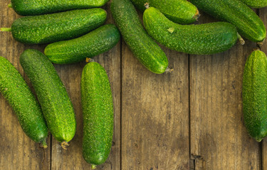 Fresh cucumbers on old wooden table