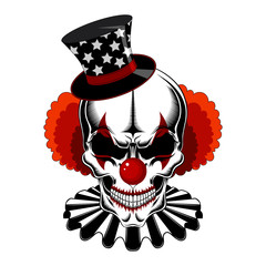 Clown skull in a hat with stars, red hair, jabot. Black and white vector image.