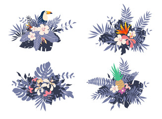 Different bouquets with tropical exotic leaves and flowers