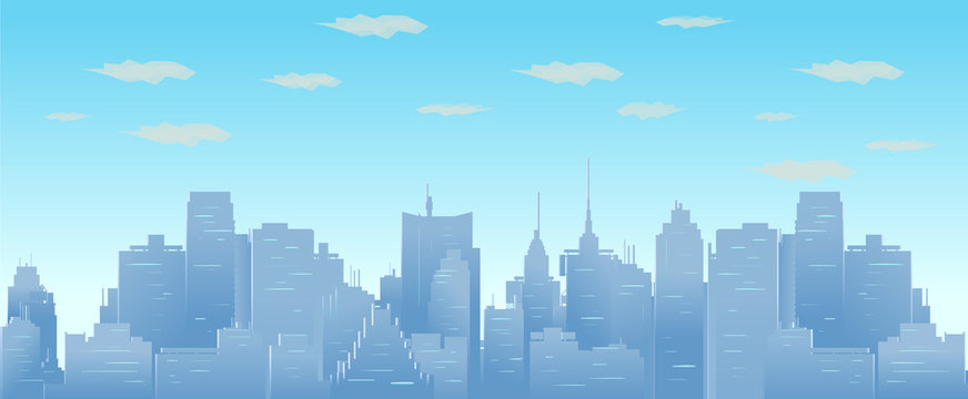 Morning sky and clouds over city silhouette vector seamless cityscape illustration.