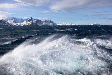 View of the spectacular snow covered mountains on South Georgia Island in the South Atlantic...