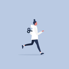 Young active female character running with a clockwork mechanism. Efficiency conceptual illustration. Flat editable vector illustration, clip art