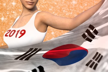 pretty lady holds Republic of Korea (South Korea) flag in front on the orange shining sparks background - Christmas and 2019 New Year flag concept 3d illustration