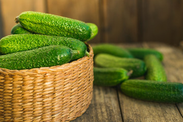 Fresh cucumbers in box and on old wooden table