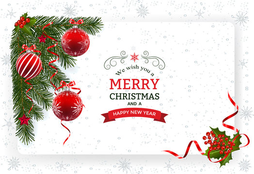 Christmas background with decoration and paper. Decorative Christmas festive background with Christmas balls stars and ribbons.