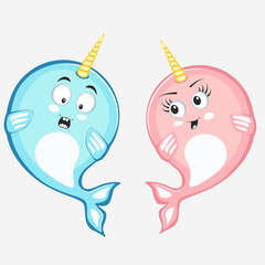 Narwhal couple characters in cartoon style drawing © dima_oris