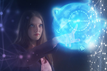 The concept of business, technology, the Internet and the network. A young entrepreneur working on a virtual screen of the future and sees the inscription: E-learning