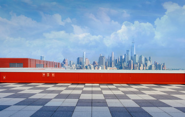 outdoor Manhattan Skyline background , modern walk way with blue sky